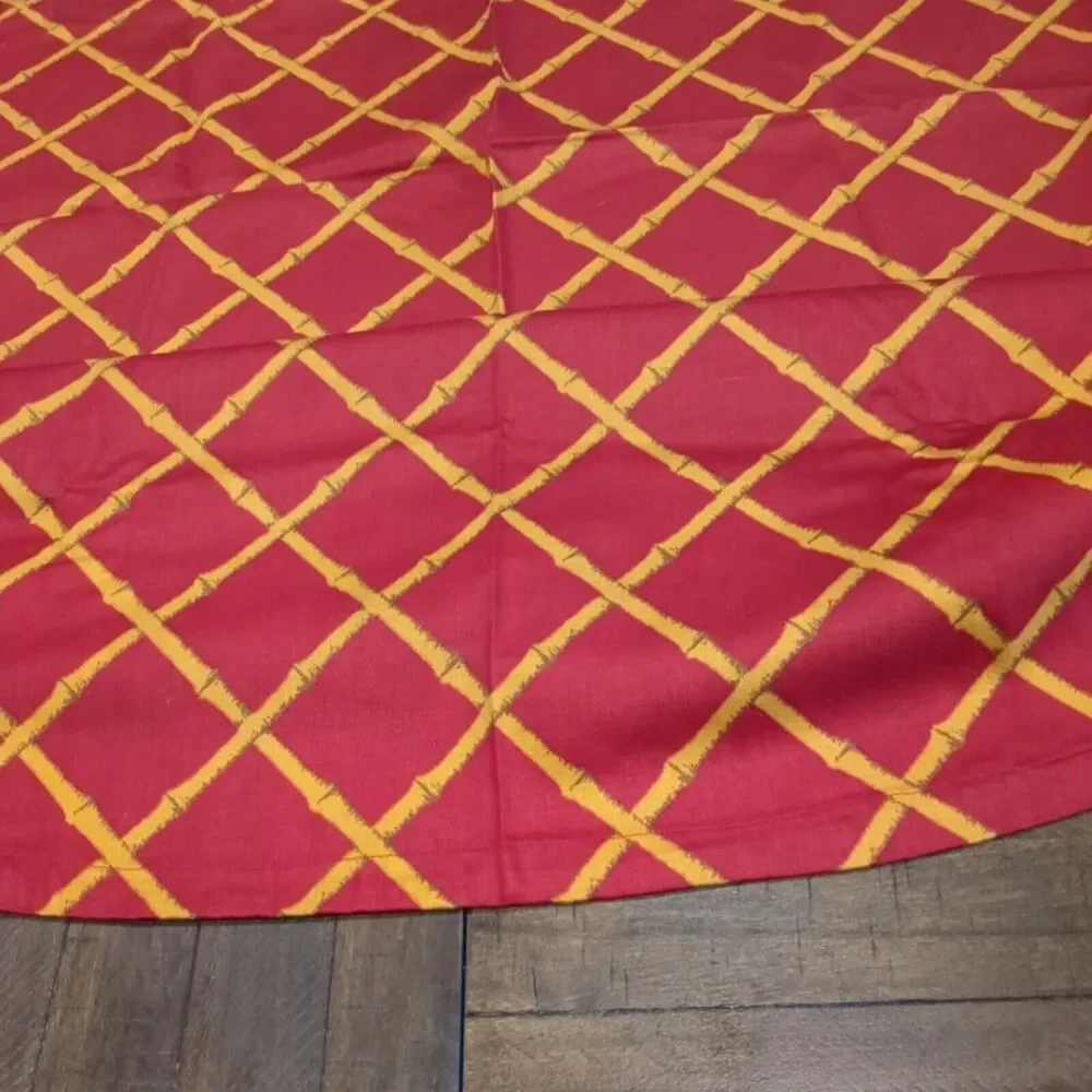Vtg MCM Tablecloth Cotton 71” Round Cohama Pomp Ano Fabric Homemade Bamboo Rust
